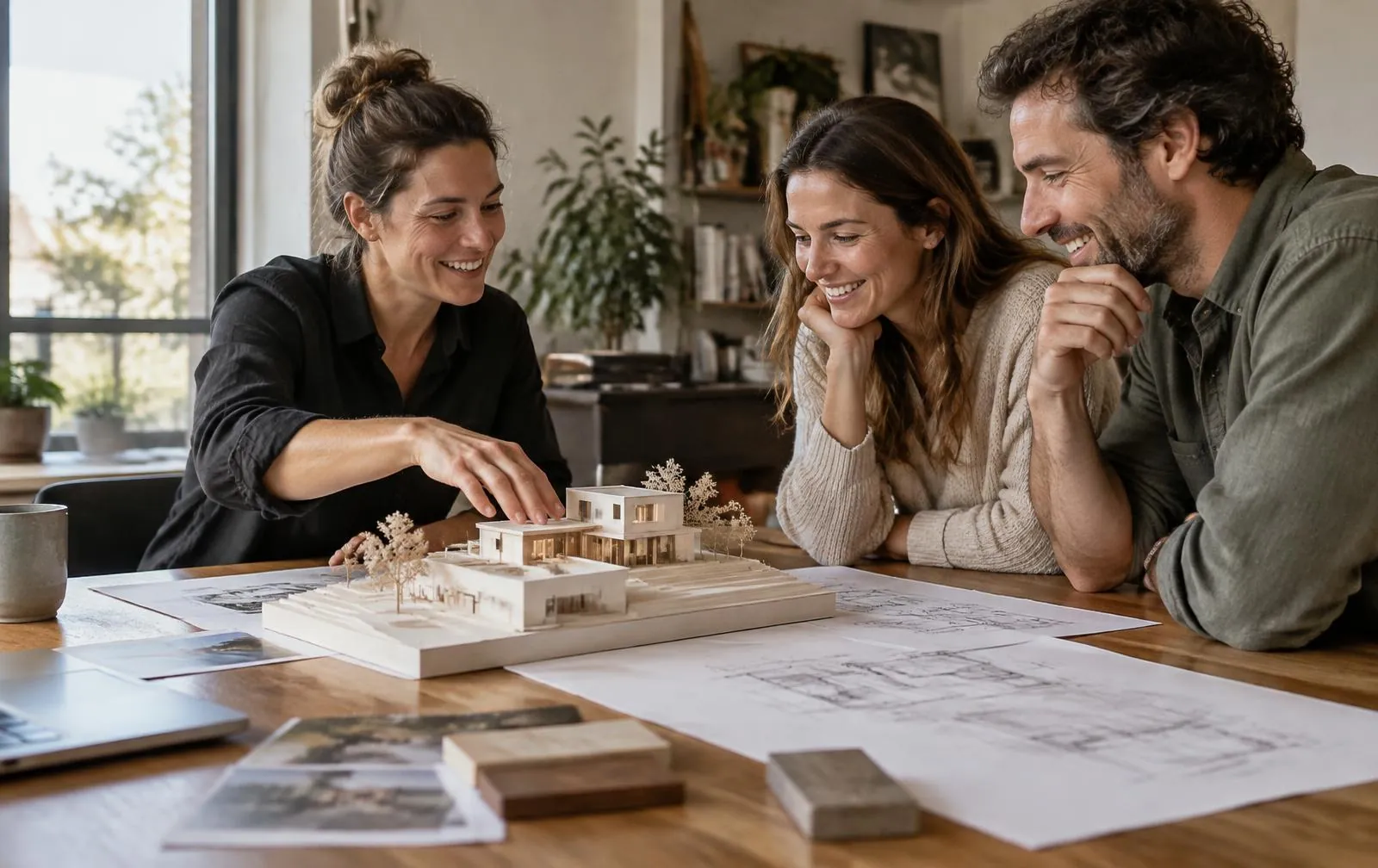 Arquiteta e casal de clientes rindo ao redor de uma mesa de madeira com maquete e croquis