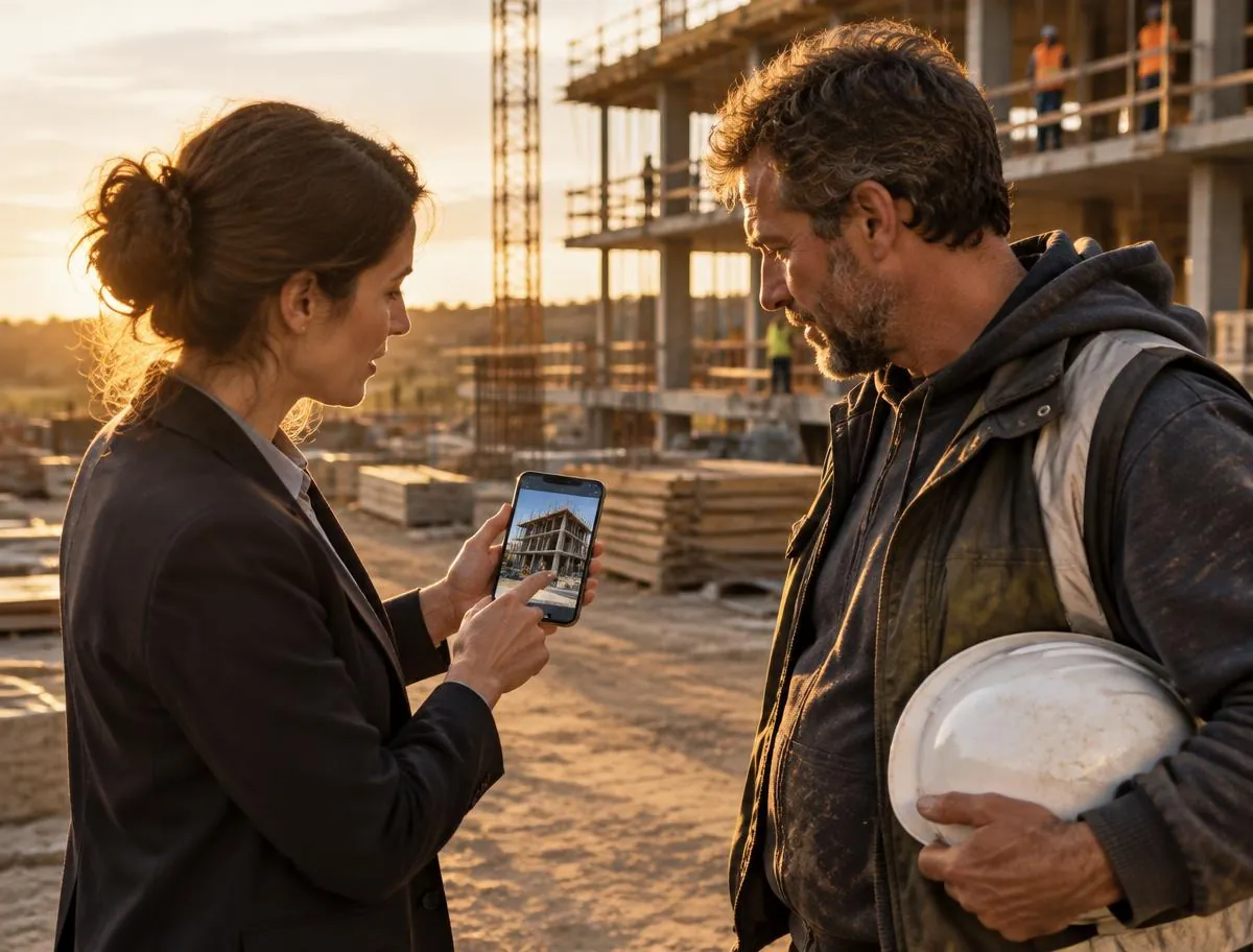 Arquiteta e mestre de obras conversam no canteiro olhando uma foto no celular